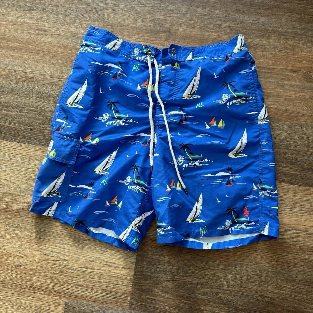 Polo Ralph Lauren AOP Sail Boat Swim Trunks Men's Sz M Nautical Theme Blue‎